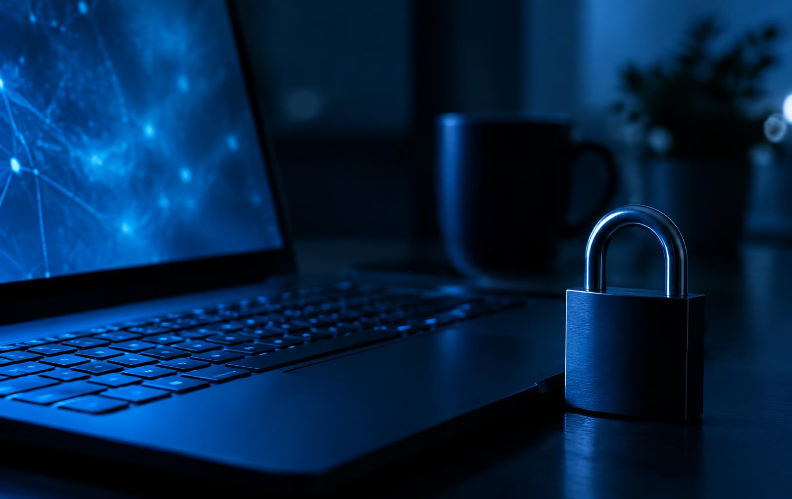A padlock beside a laptop in a dimly lit office